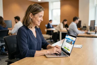 Employée accédant au portail CE MAAF sur son ordinateur portable au bureau