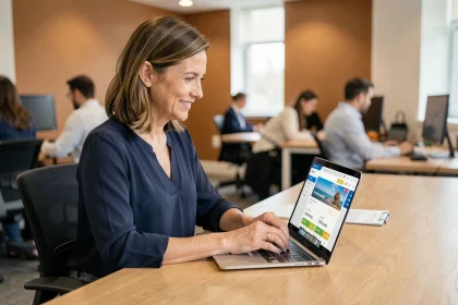 Employée accédant au portail CE MAAF sur son ordinateur portable au bureau