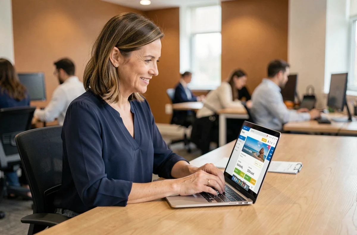 Employée accédant au portail CE MAAF sur son ordinateur portable au bureau