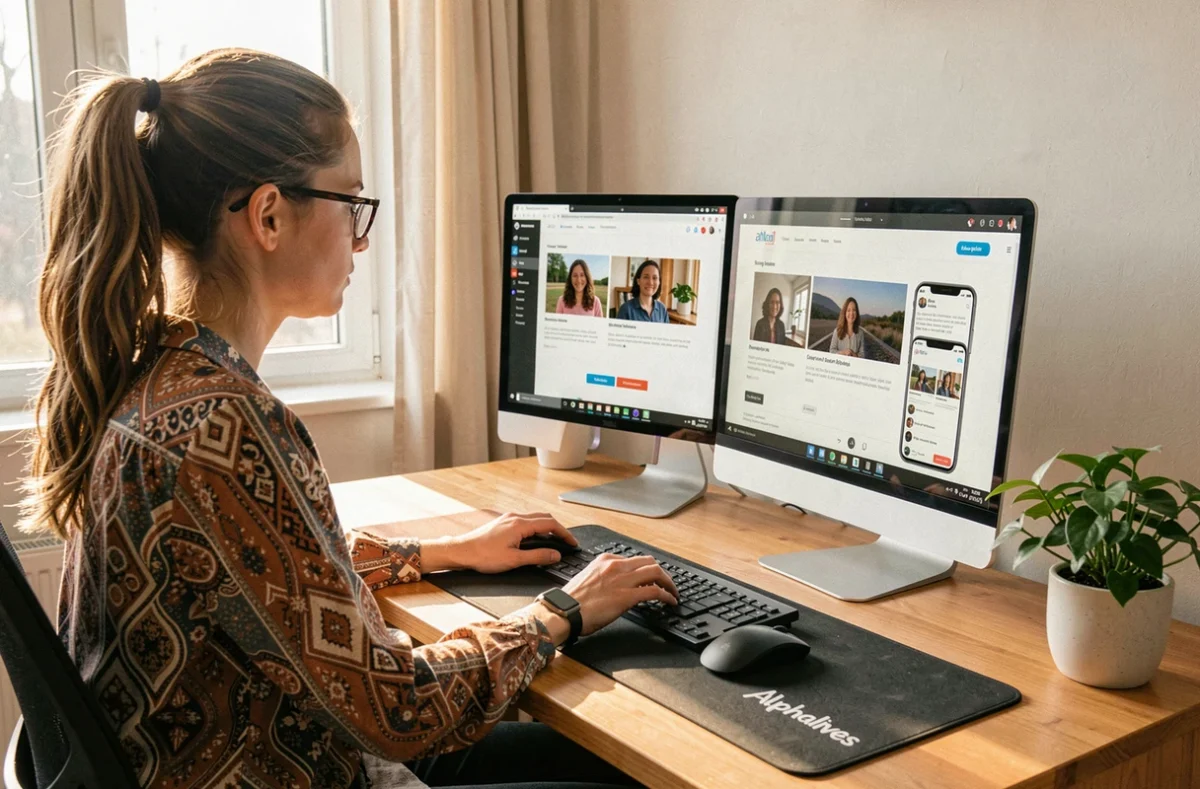 Développeuse web de l'agence Alphalives en visioconférence client tout en testant un site responsive sur plusieurs écrans