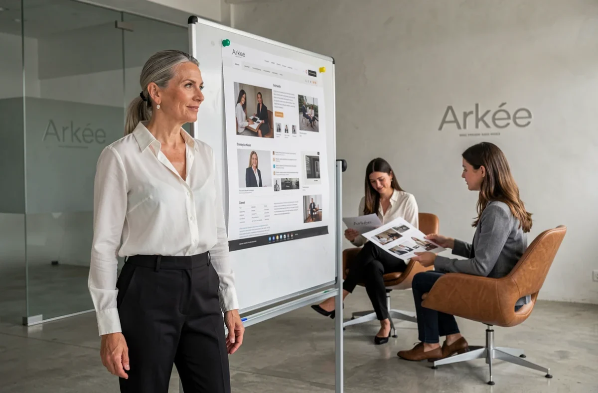 Directrice créative de l'agence Arkée présentant une maquette de site web haut de gamme à son équipe dans un studio minimaliste