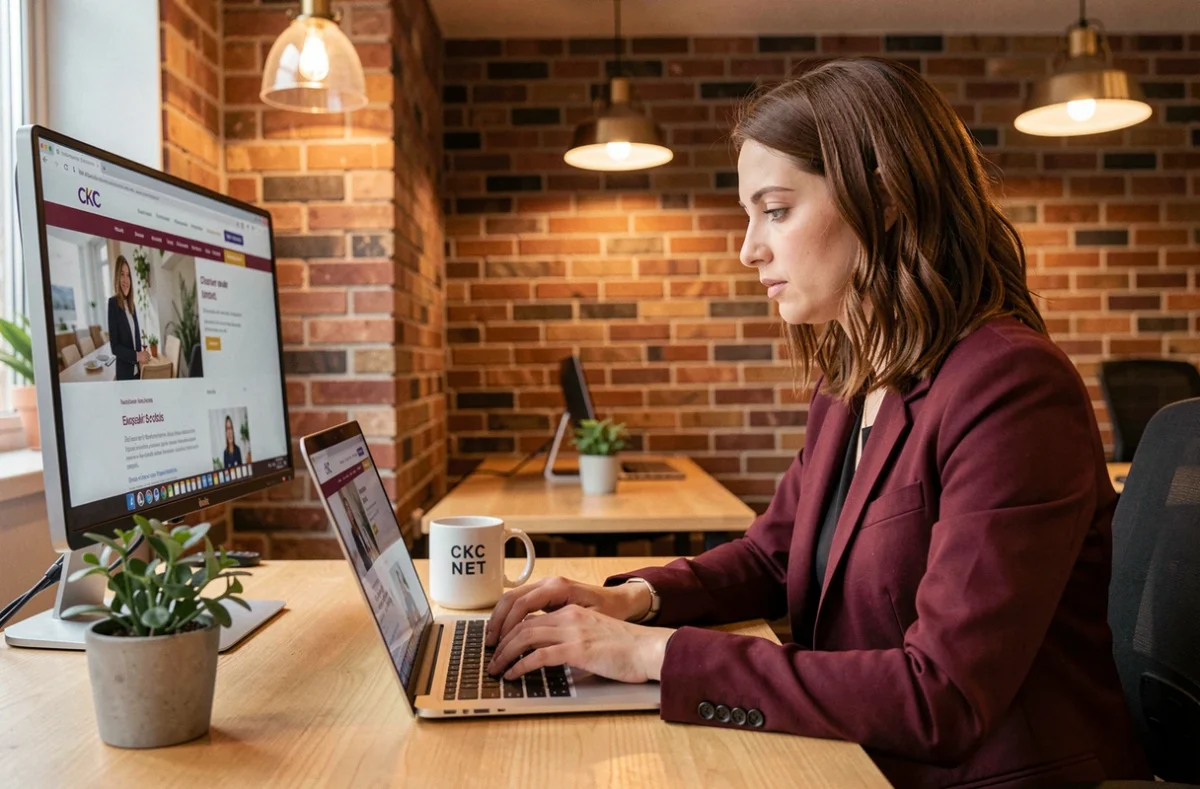 Stratège digitale de l'agence CKC Net travaillant sur un projet de site web pour une entreprise locale dans un bureau moderne