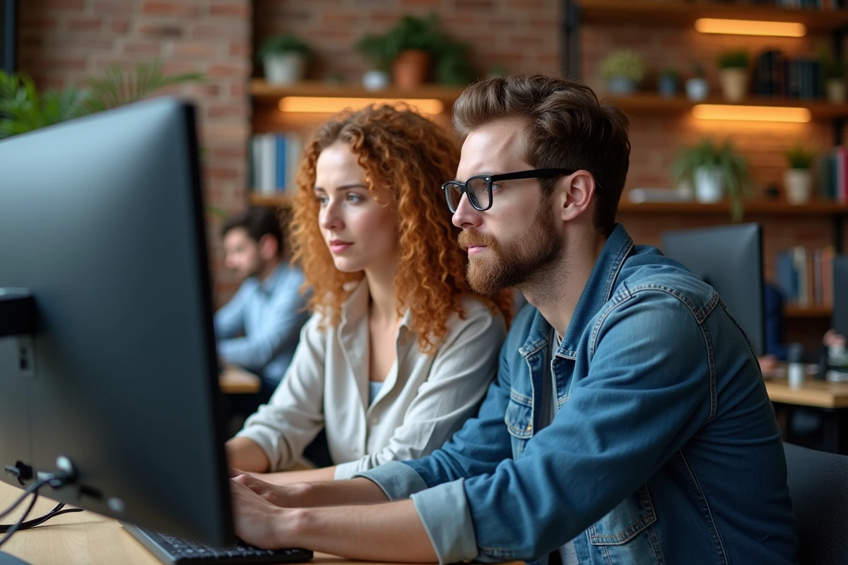 Deux créatifs d'une agence digitale collaborant sur des outils d'intelligence artificielle générative devant des écrans dans un espace de travail moderne