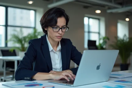 Chargée de projet d'une agence digitale analysant des résultats d'intelligence artificielle générative sur son ordinateur dans un bureau moderne