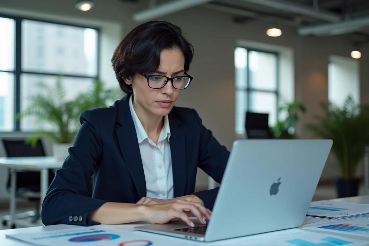 Chargée de projet d'une agence digitale analysant des résultats d'intelligence artificielle générative sur son ordinateur dans un bureau moderne