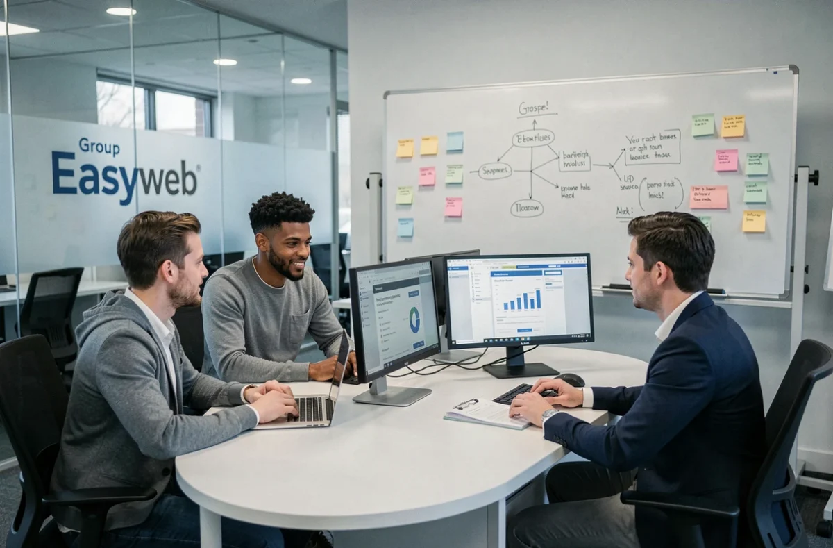 Équipe de l'agence Group Easyweb analysant un audit de site web sur des écrans double moniteur dans un open space moderne