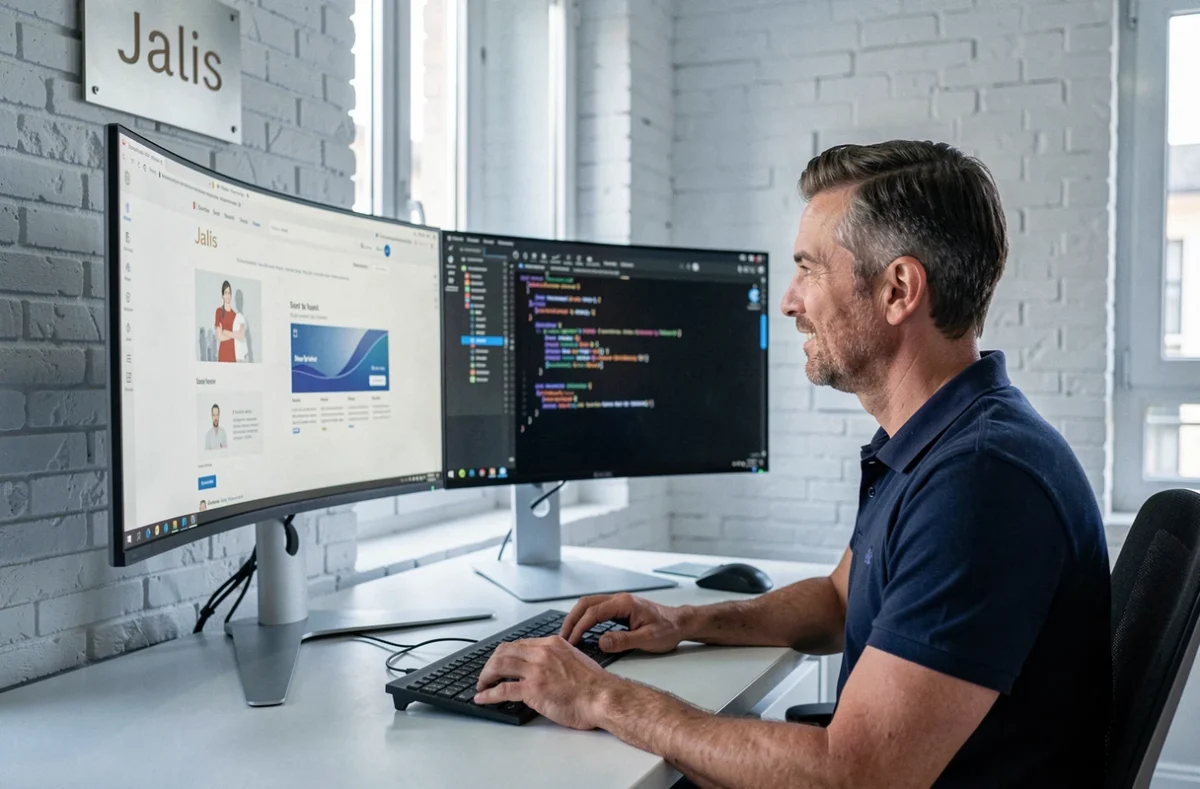 Développeur web de l'agence Jalis analysant un prototype de site internet sur un grand écran incurvé dans un bureau moderne