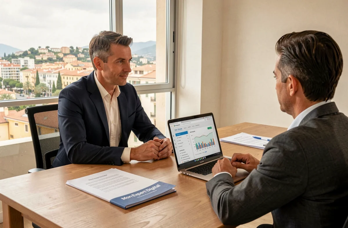 Consultant de l'agence Mon Expert Digital présentant un rapport d'analyse de site web à un entrepreneur lors d'un rendez-vous professionnel à Nice