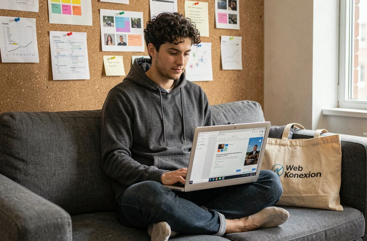 Développeur de l'agence Web Konexion travaillant sur la construction d'un site internet dans un espace lounge créatif