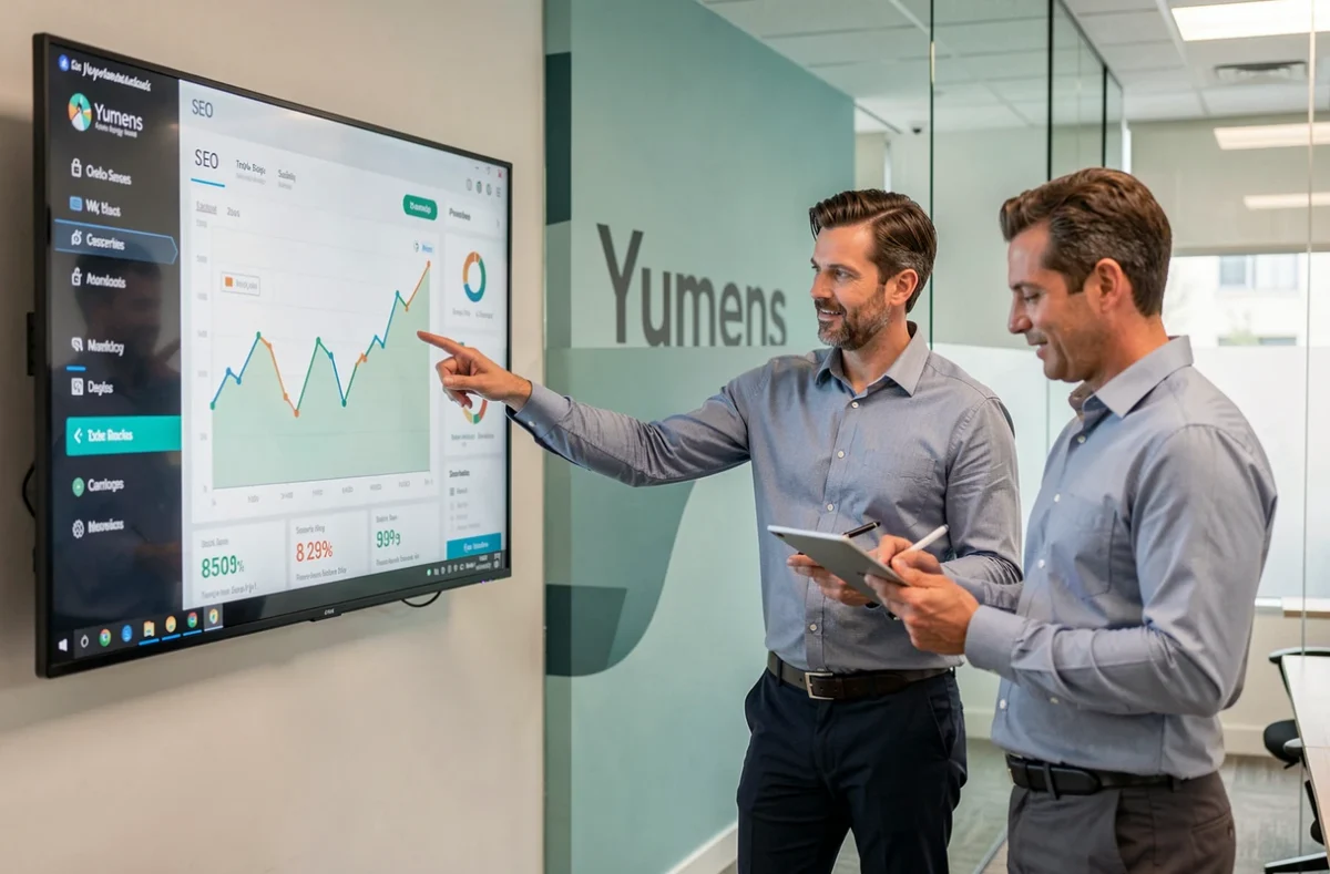 Consultants de l'agence Yumens analysant un tableau de bord SEO et les performances d'un site web lors d'une réunion client