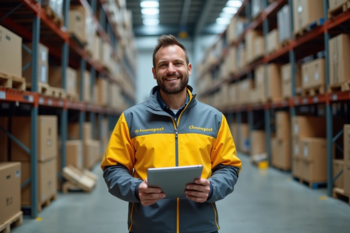 Agent logistique Chronopost en entrepôt consultant les avantages salariés sur une tablette numérique