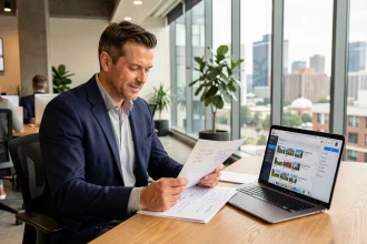 Agent immobilier analysant son pipeline de prospects B2B sur un tableau de bord CRM dans un bureau moderne