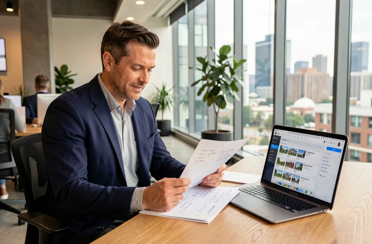 Agent immobilier analysant son pipeline de prospects B2B sur un tableau de bord CRM dans un bureau moderne