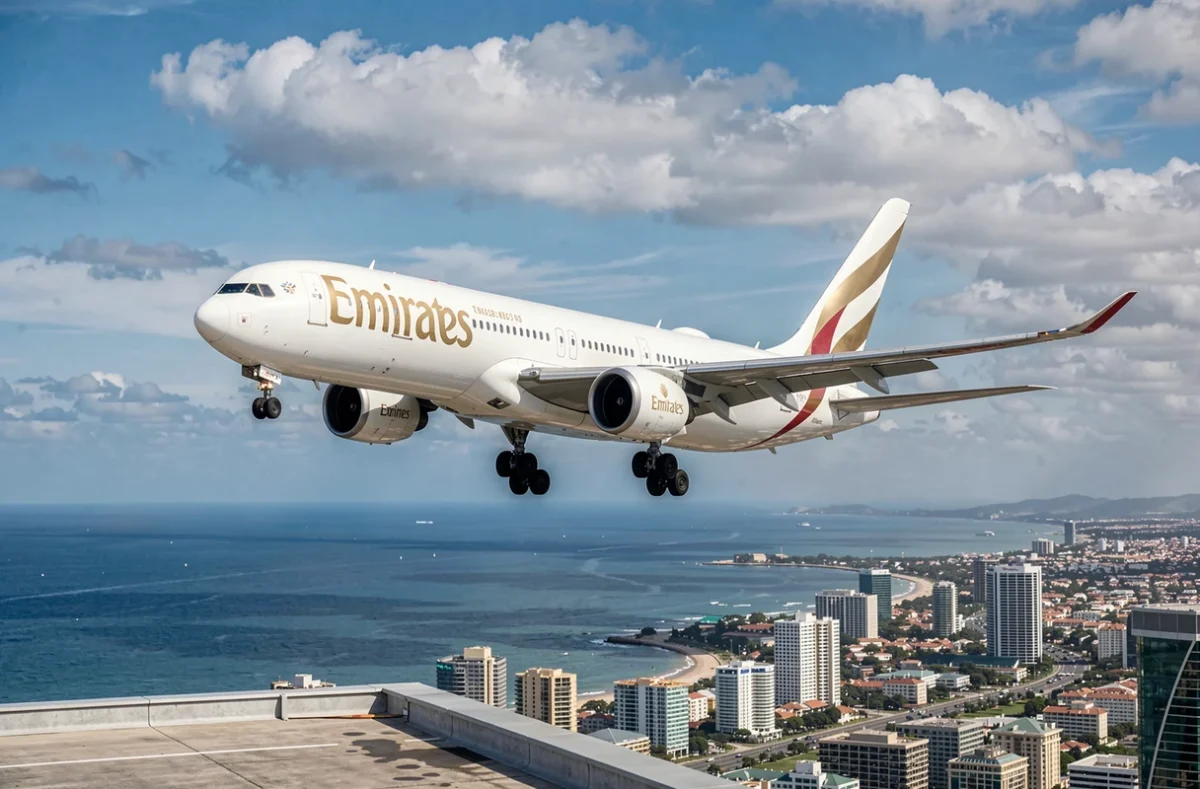 Airbus A330 Emirates en finale d'atterrissage au-dessus d'une ville côtière, vue téléobjectif mettant en valeur la livrée dorée et blanche de l'appareil long-courrier