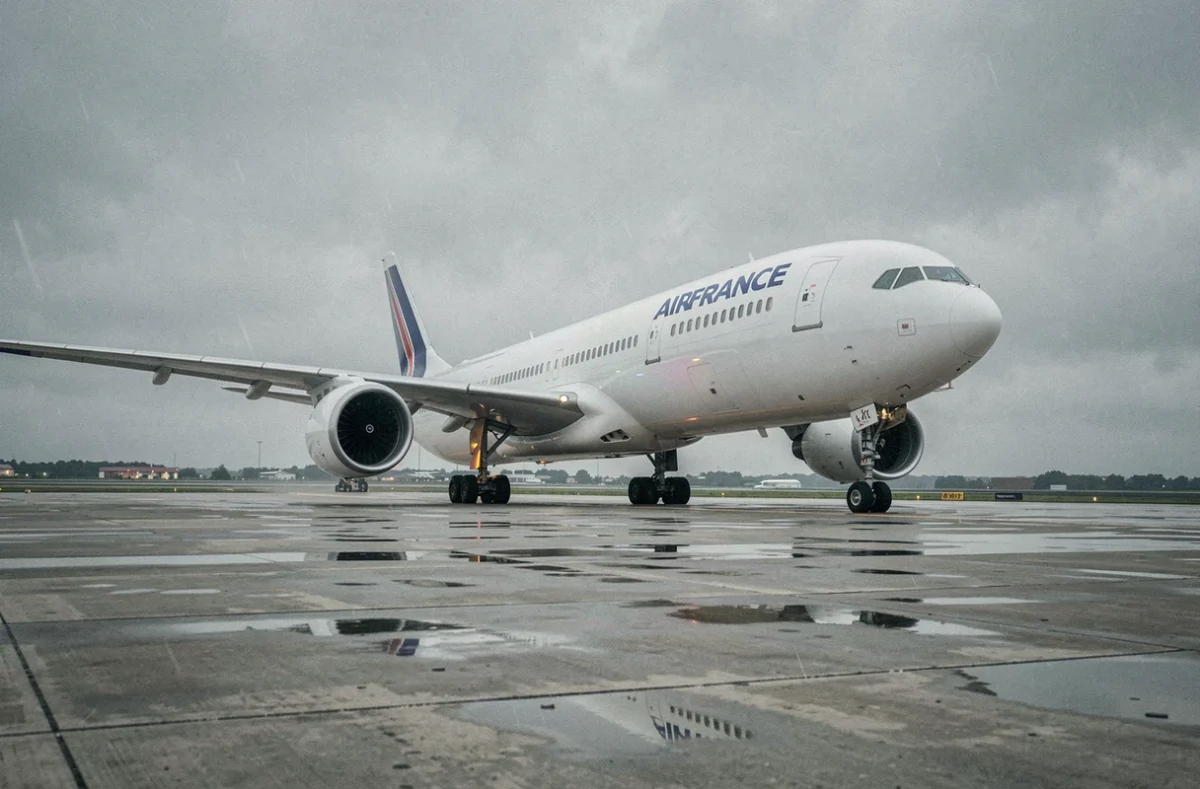 Airbus A330 d'Air France sur le tarmac d'un aéroport international sous un ciel couvert, vue en contre-plongée mettant en valeur les réacteurs et l'envergure de l'appareil