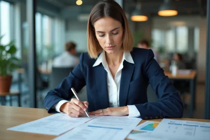 Femme professionnelle analysant des offres et tarifs d'abonnement réseau B2B dans un bureau moderne