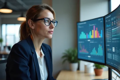 Professionnelle analysant des données de suivi des temps et de rentabilité de projet sur un tableau de bord numérique au bureau