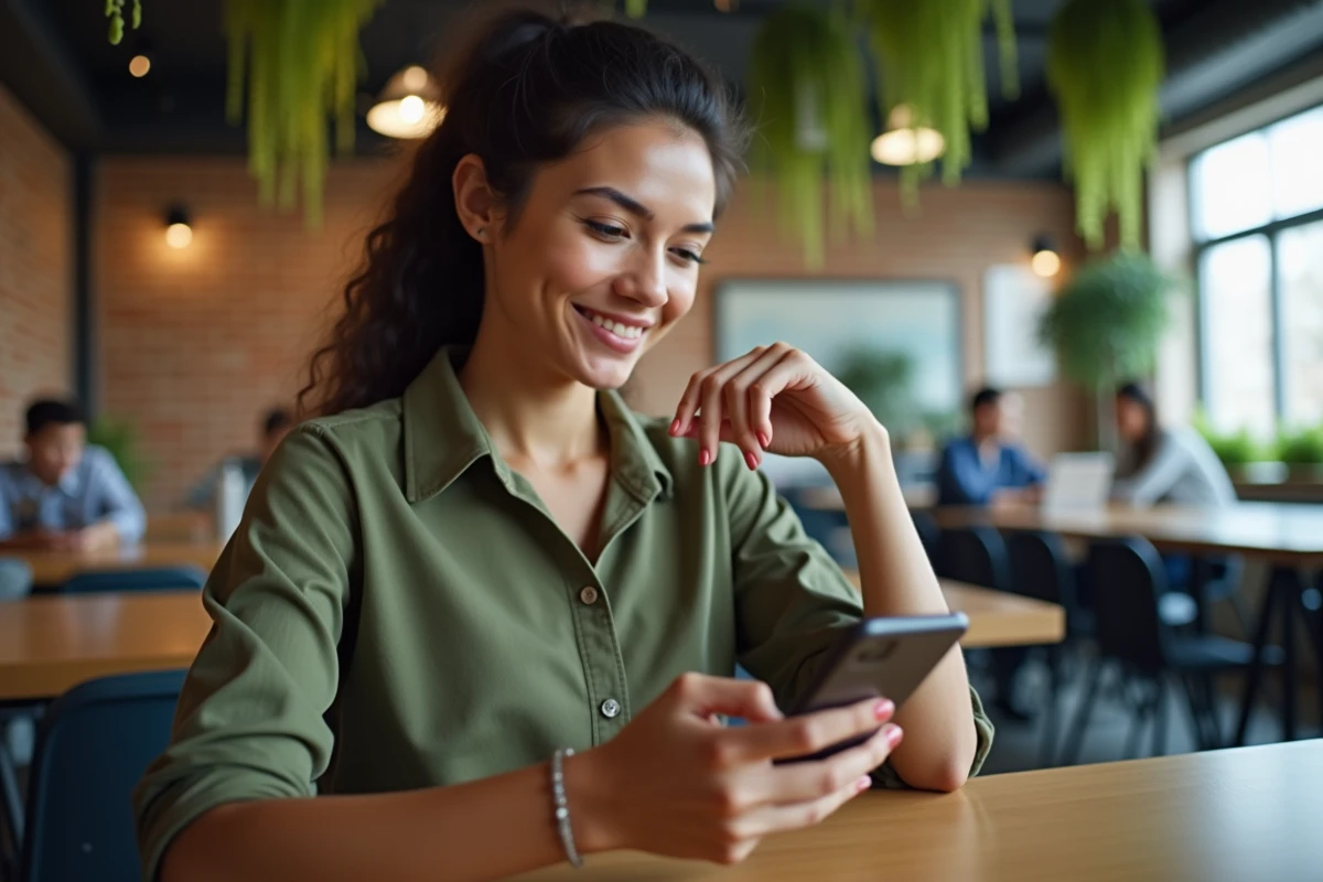 Jeune femme consultant et modifiant ses données personnelles sur l'application mobile Mon ADP dans un espace de coworking