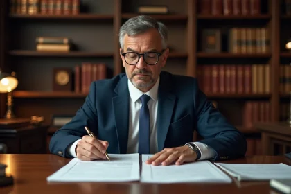 Un professionnel en costume marine étudie des documents juridiques sur un bureau en bois, illustrant les plafonds légaux de rémunération pour les apporteurs d'affaires particuliers