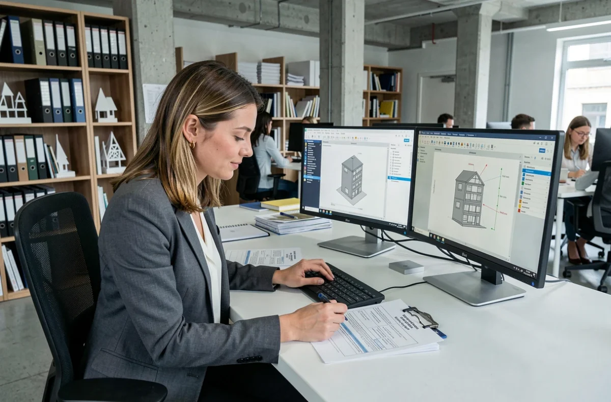 Architecte féminine travaillant sur la conformité réglementaire d'un projet de construction dans un studio moderne