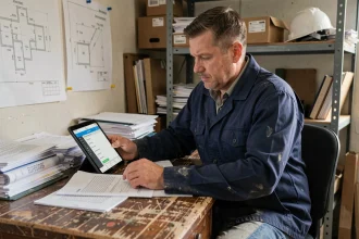 Artisan du bâtiment consultant son carnet de commandes sur tablette dans un bureau de chantier