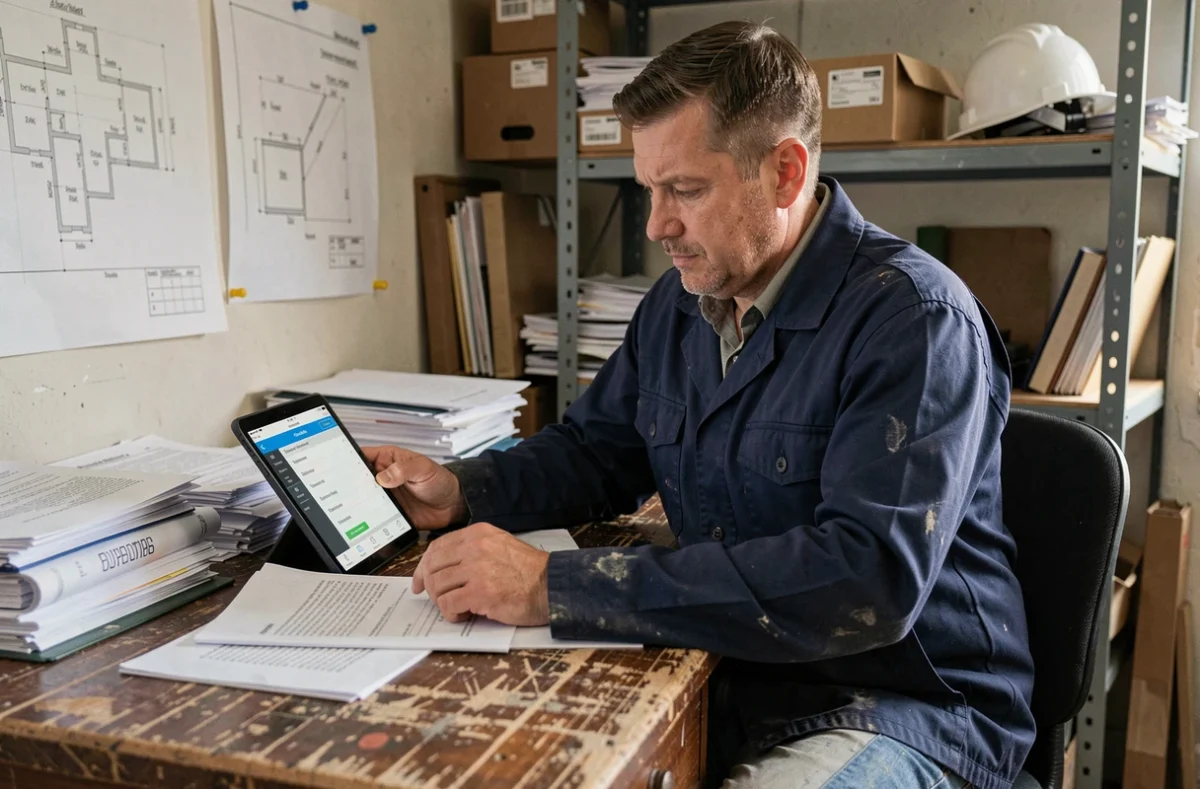 Artisan du bâtiment consultant son carnet de commandes sur tablette dans un bureau de chantier