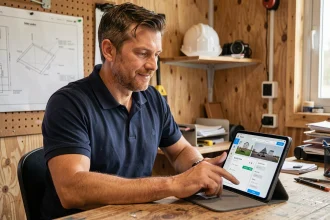 Artisan du BTP consultant une application de gestion de chantier sur tablette dans un bureau de chantier