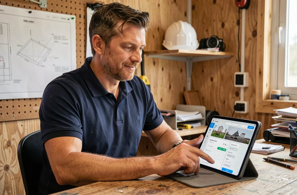 Artisan du BTP consultant une application de gestion de chantier sur tablette dans un bureau de chantier