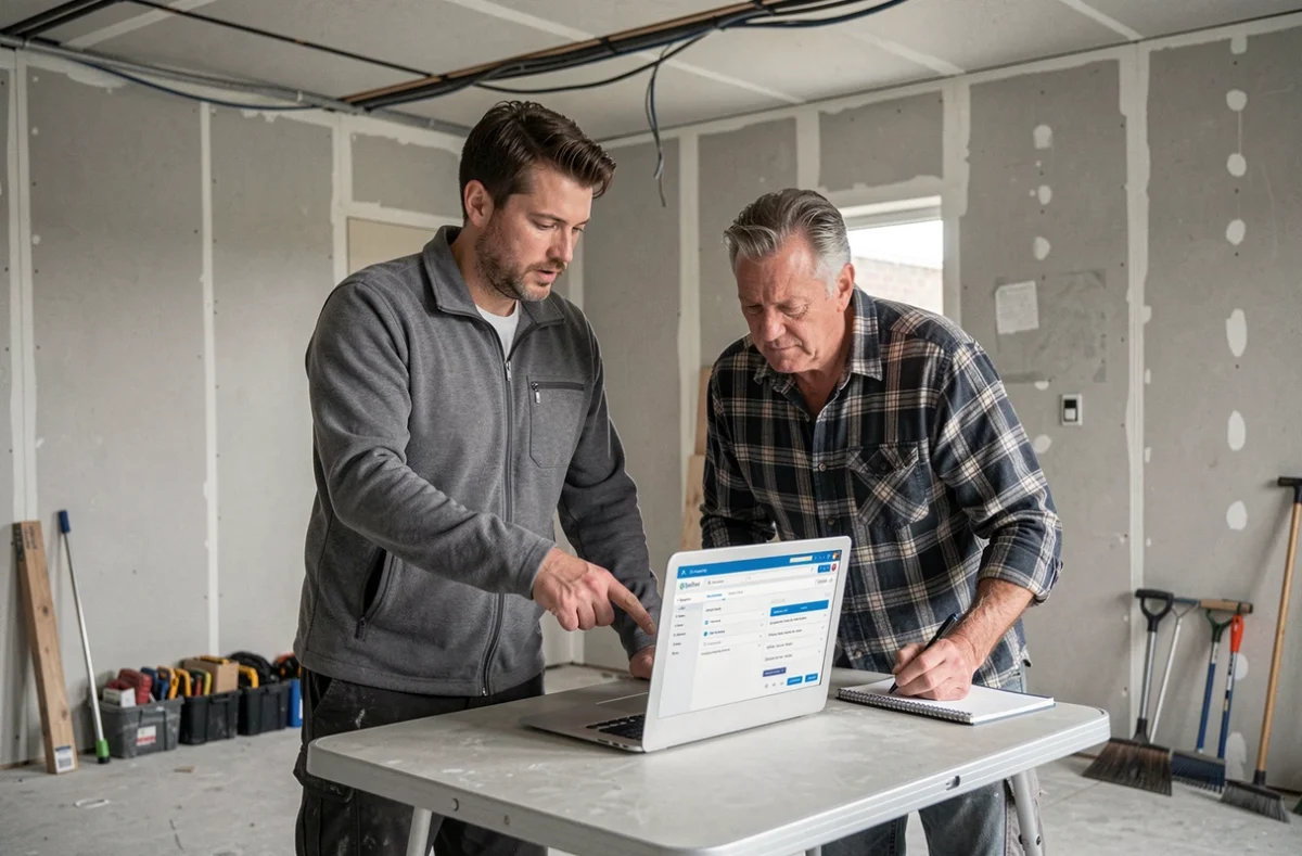 Deux artisans TPE du BTP consultant un logiciel de planification sur ordinateur portable dans un chantier intérieur