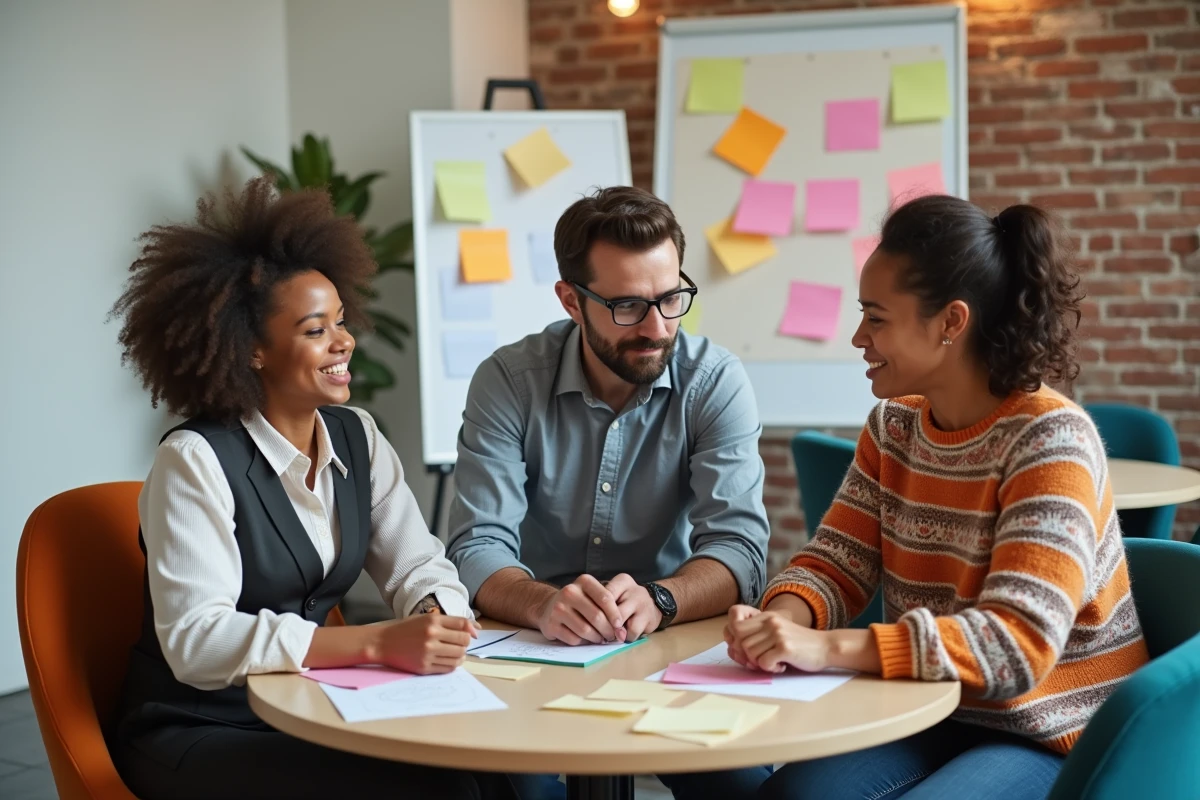 Groupe de professionnels aux profils variés travaillant leurs compétences relationnelles lors d'un atelier emploi