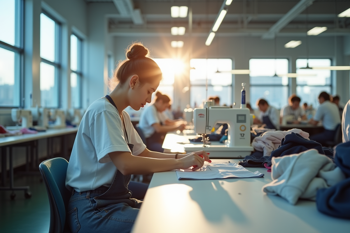 Ouvriers dans une ligne de production Zara lumineuse et moderne