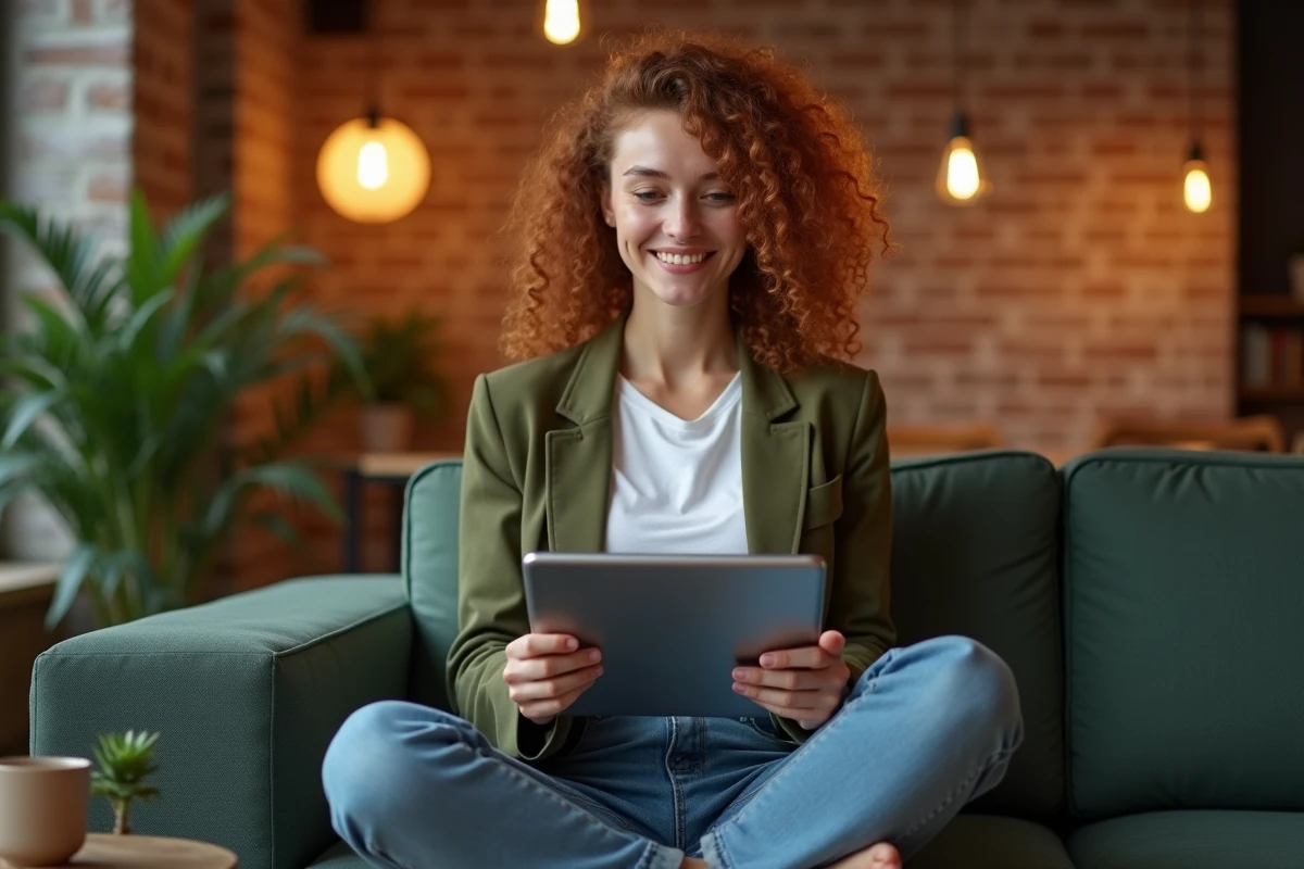 Jeune professionnelle consultant un portfolio d'agence de création de site internet sur tablette dans un espace de coworking