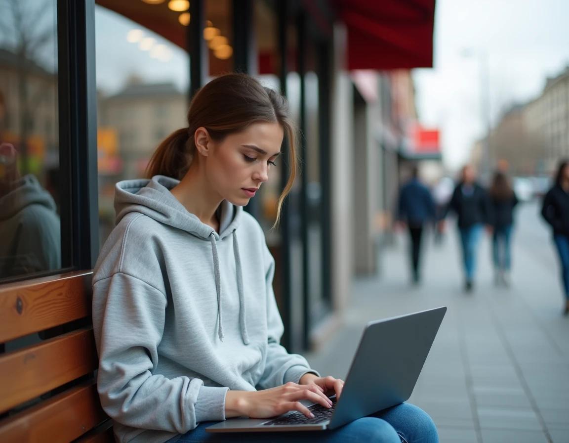 Jeune femme donnant son avis en ligne sur le service Burger King depuis un ordinateur portable en extérieur