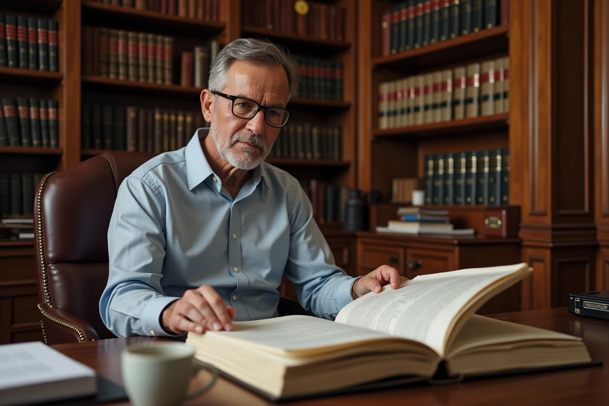 Avocat spécialisé en acquisitions étudiant attentivement un dossier juridique complexe dans son cabinet