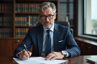 Avocat en costume navy dans un bureau moderne