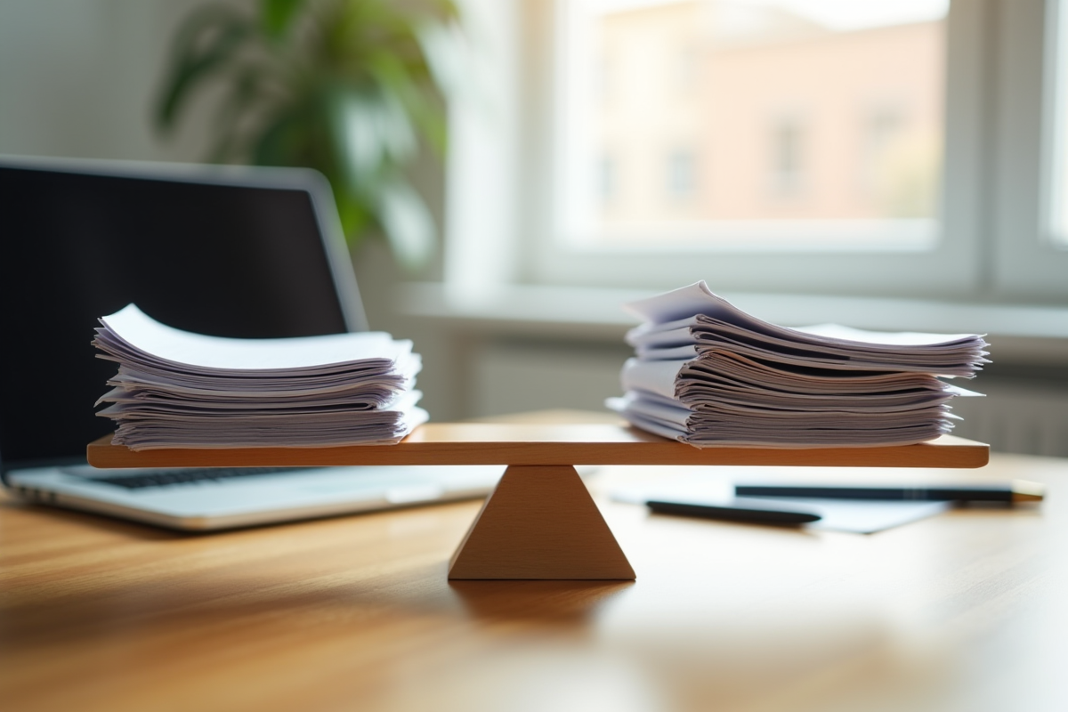 Balance de justice avec papiers et documents légaux sur bureau