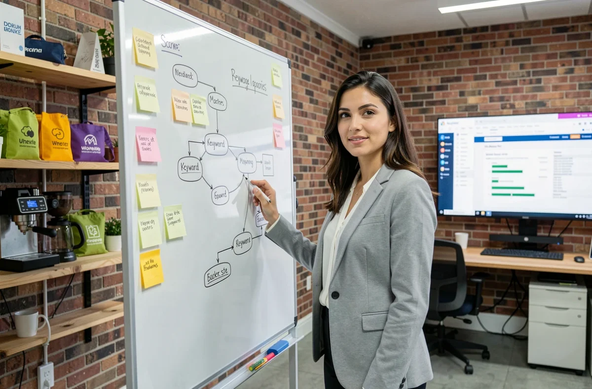 Consultante de l'agence Boondooa présentant une stratégie SEO sur tableau blanc