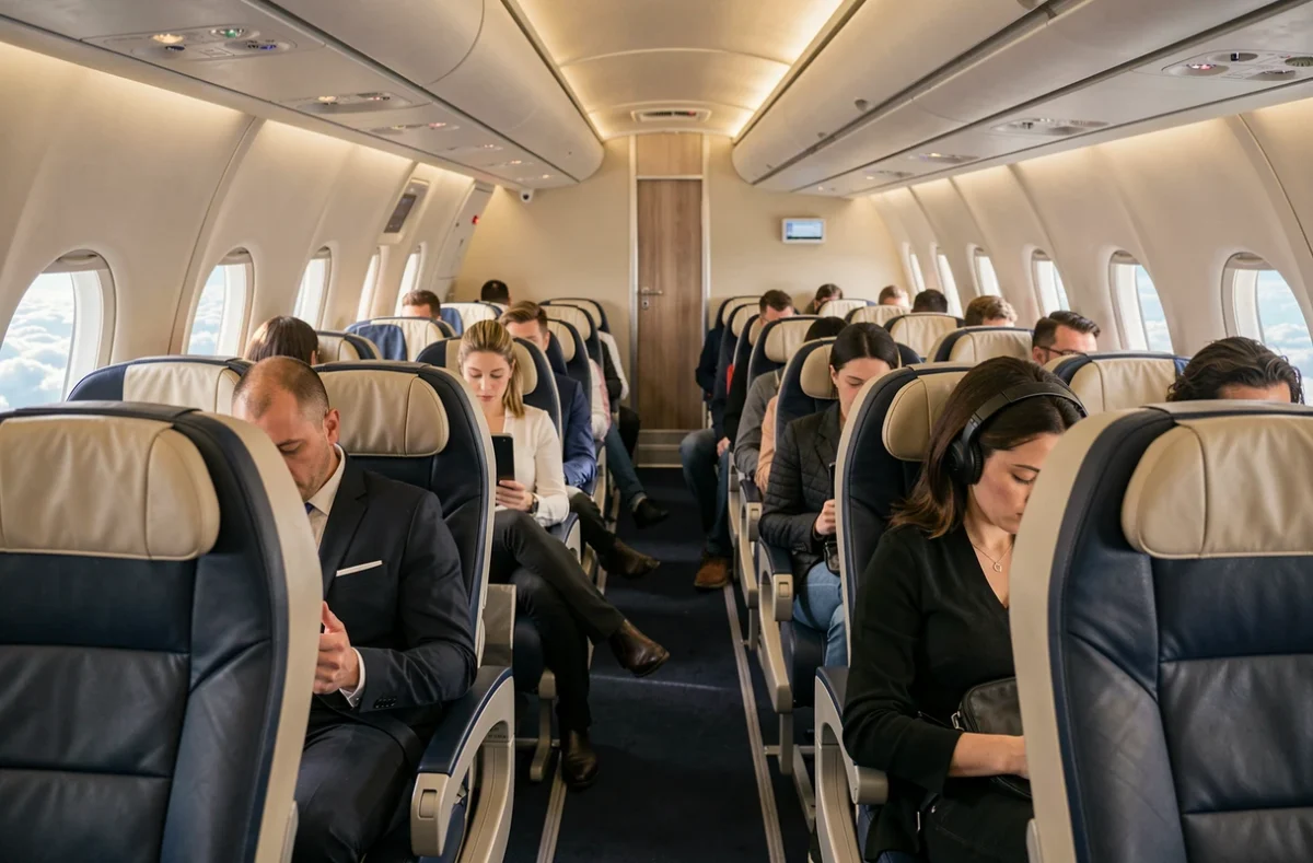 Cabine intérieure en classe affaires d'un Airbus A330 avec sièges larges en cuir marine et fenêtres ovales donnant sur les nuages, ambiance feutrée et élégante