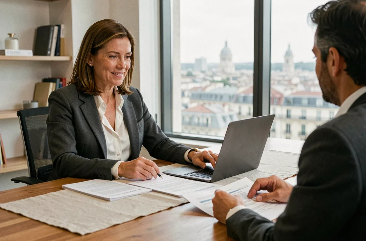 Avocate spécialisée en droit social consultant un chef d'entreprise dans un bureau à Marseille