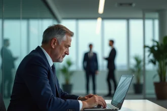 Cadre supérieur en costume marine assis à son bureau encombré, regardant ses collègues plus jeunes collaborer derrière une cloison vitrée, illustrant le syndrome de la carrière bloquée et le principe de Peter