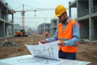 Chef de chantier BTP consultant des plans sur un chantier de construction en cours