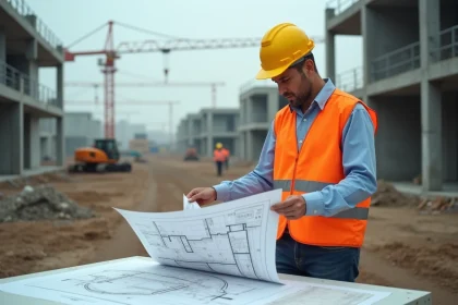 Chef de chantier BTP consultant des plans sur un chantier de construction en cours