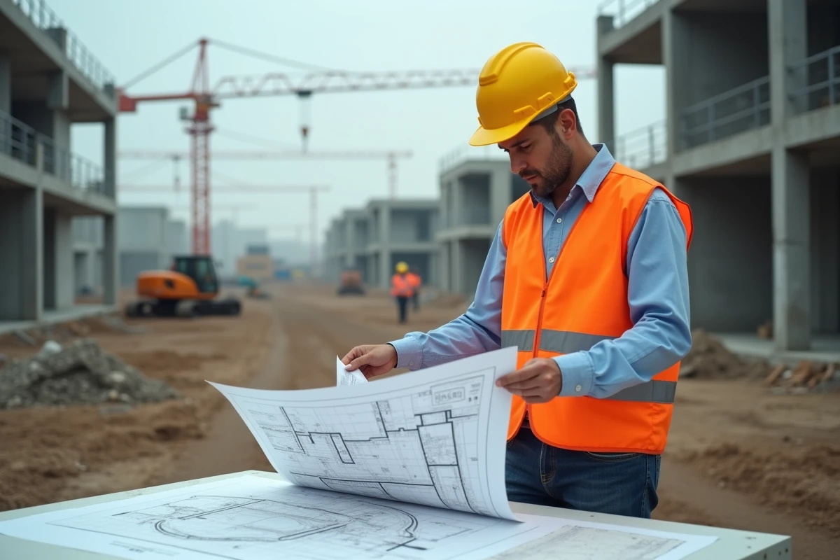 Chef de chantier BTP consultant des plans sur un chantier de construction en cours