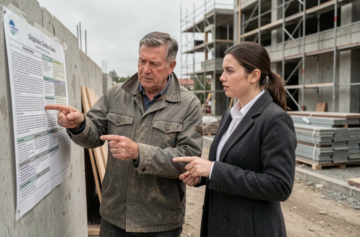 Chef de chantier et inspectrice consultant le code réglementaire sur un site de construction en cours