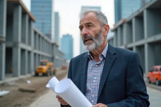 Chef de chantier en extérieur avec plans et grue