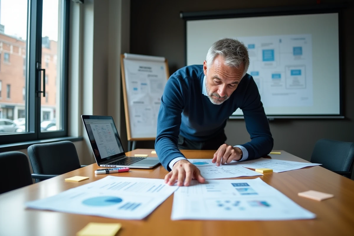 Chef de projet web présentant des wireframes et une stratégie de création de site internet en salle de réunion