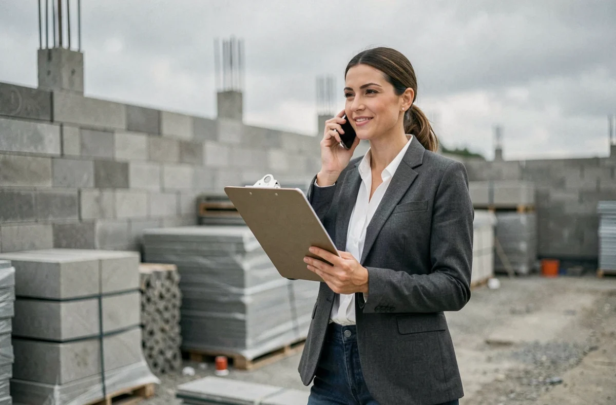 Cheffe d'entreprise TPE du bâtiment sur chantier avec clipboard gérant son activité par téléphone