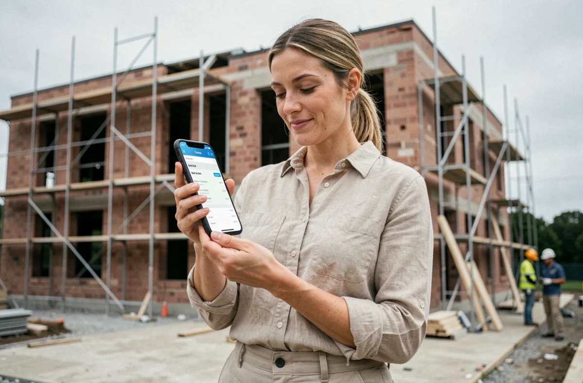 Cheffe d'entreprise TPE du BTP gérant ses devis et factures sur smartphone en chantier