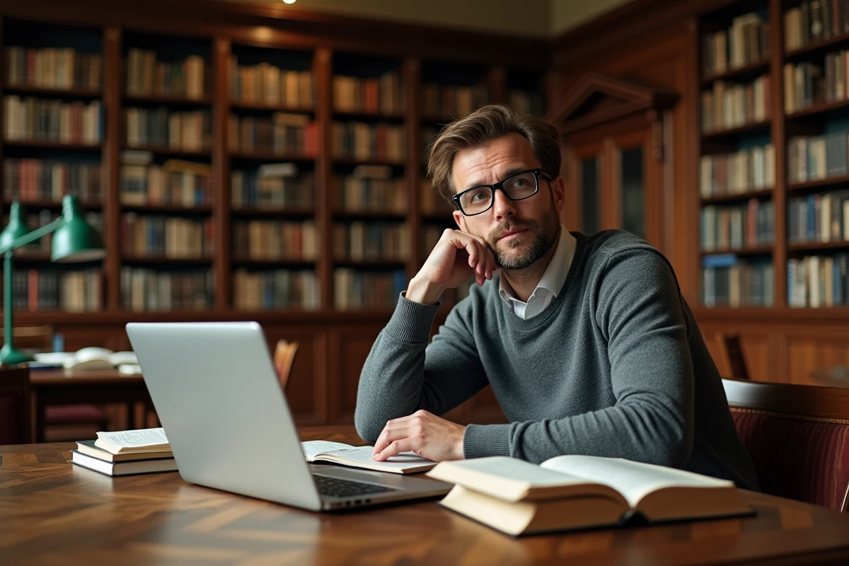 Homme chercheur consultant des ouvrages linguistiques dans une bibliothèque universitaire pour analyser les expressions du français administratif