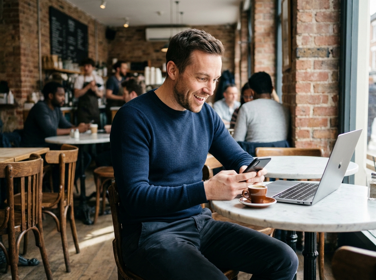 Entrepreneur souriant lisant un message de remerciement d'une marque sur son smartphone dans un café urbain